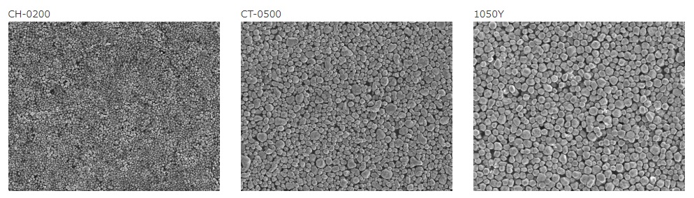 代表的特性値：新しく低温焼結性微粒銅粉 CH-0200を開発しました。均一な粒径の球状粉です。　　